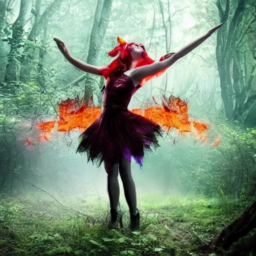 Image similar to a fierce fire fairy appearing suddenly in the middle of mysterious dark forrest full of creepy creatures