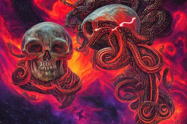 Image similar to a giant skull with intricate rune carvings and red eyes with lovecraftian tentacles emerging from a space nebula by dan mumford, smoke trails, digital art, photorealistic, vivid colors, highly detailed, intricate