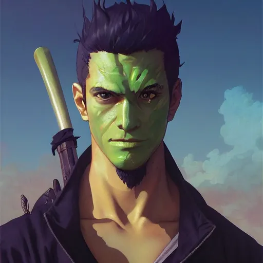 Image similar to highly detailed vfx portrait of roronoa zoro, stephen bliss, greg rutkowski, loish, rhads, beeple, makoto shinkai, tom bagshaw, alphonse mucha, sharp focus, art by artgerm and greg rutkowski, green hair, backlit, harsh overhead sunlight,