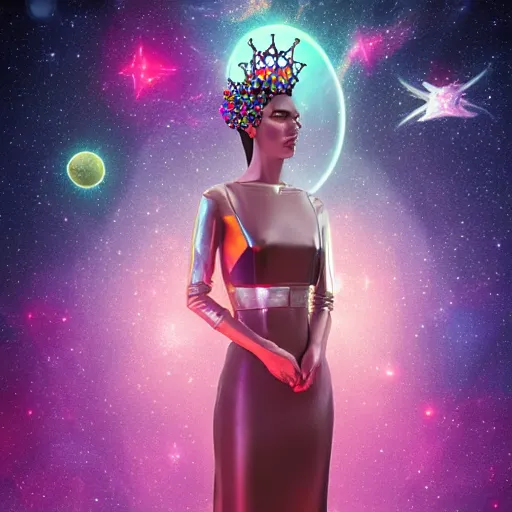 Image similar to hyperrealistic portrait of unknown extraterrestrial interstellar civilization woman in style of ingo swan, in style of retro sci - fi with holographic hexagonal flowers as crown 8 k