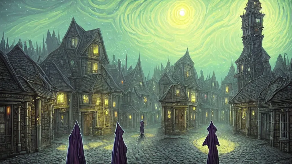 Image similar to lady dressed in long hooded cloak walks in empty lovecraftian town square surrounded by houses and inns.. cthulhu statue.. lovecraftian city at night by cyril rolando and naomi okubo and dan mumford and ricardo bofill.. lovecraft.. cobbled streets.. oil lamp posts.. lovecraftian.. starry night swirly sky.