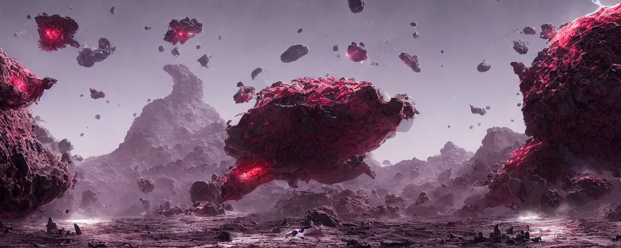 Image similar to ” asteroids made of blood and rats, [ bubbles, by wayne barlowe, cinematic, detailed, epic, widescreen, opening, establishing, mattepainting, photorealistic, realistic textures, octane render ] ”