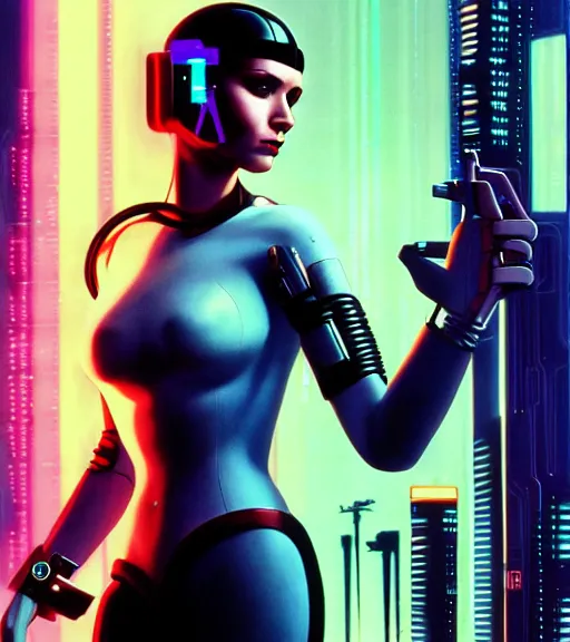 Image similar to cable inserted into head, jacked into cyberdeck wrist terminal, very very beautiful cyberpunk woman, computer, 1 9 7 9 omni magazine cover, style by vincent di fate, cyberpunk 2 0 7 7, very coherent, detailed, 4 k resolution, unreal engine, daz