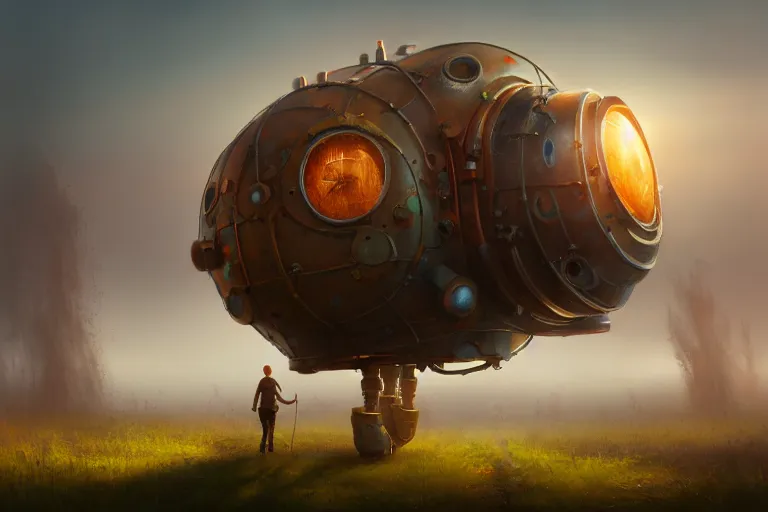 Prompt: a walking magic house with two mechanical legs, rust, hyperrealistic, highly detailed, cinematic, single ray of sun, fog, beautiful, cgssociety, artstation, 8 k, oil painting