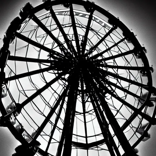 Prompt: a photo of a large abandoned ferris wheel, old, eerie, black and white, night