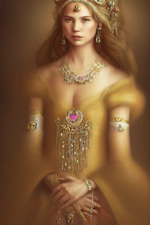 Image similar to beautiful very detailed portrait of a young princess with lots of jewelry in the face, full body, in the background there is a minimalistic palace, digital art , dramatic cinematic lighting rendered by octane, 8k, detailed, intricate, clean and textures, trending on artstation, treanding on deviantart, trending on cgsociety, pinterest, by Lauren Brevner