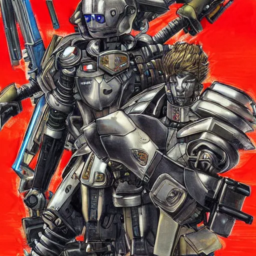 Prompt: a robot soldier and a cyberpunk soldier facing off, centered, by ayami kojima