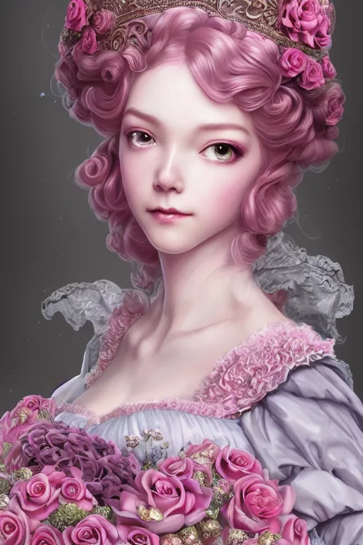 Prompt: a romatic happy charming princess of legends character, victorian era pink dresses, royall, masterpiece, symmetrical, rose frame, maximalist, cg animation, riot enterainment, arcane,, realistic, hyper detailed, character select portrait, by artgerm, anna dittmann, kyoung hwan kim, loish, drew struzan, 3 d