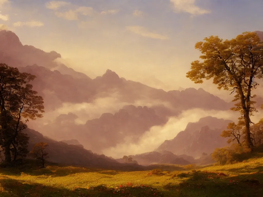 Image similar to epic landscape with rolling hills, groups of old trees with flower meadows in between in early morning light, small pink clouds in the sky and and misty mountains with snowy tops in the far background by alexandre calame and bob ross, godrays, velvia 5 0, large format camera, artstation, vray render