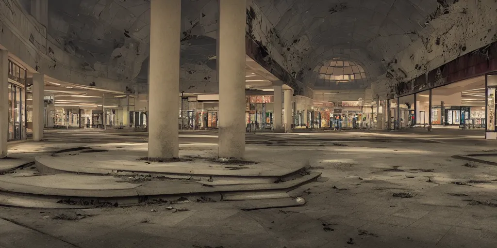 Image similar to abandoned mall at night, a fountain with benches in the middle, subtle wear - and - tear, anime!, award - winning digital art