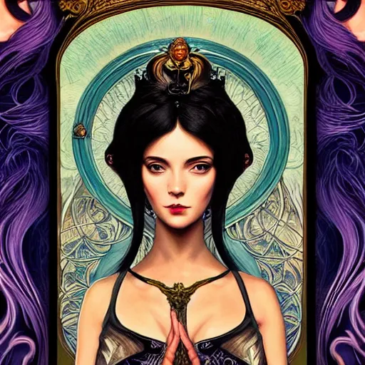 Image similar to head-on centered painted portrait, mage queen , voluminous black hair, art nouveau, fractal tarot card style, masterpiece, fantasy, intricate, elegant, highly detailed, smooth, sharp focus, illustration, artstation, in the style of Artgerm and Anna Podedworna and Alex Ross and Mucha