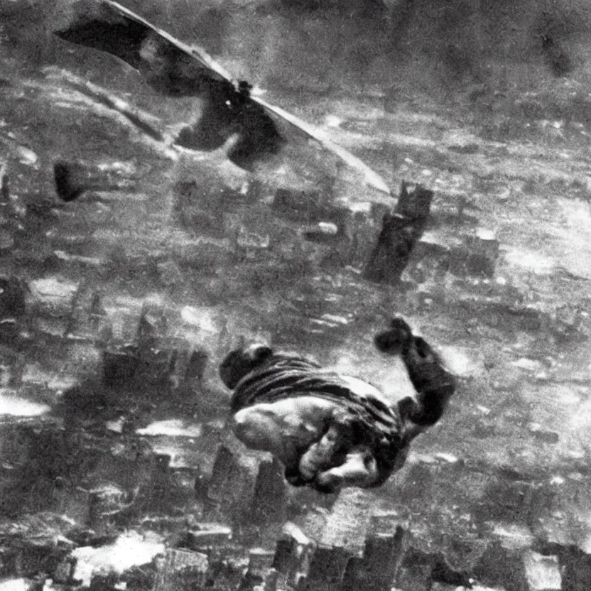 Prompt: “Close-up of very old and bald and fat Superman flying over destroyed city. Newspaper photo.”