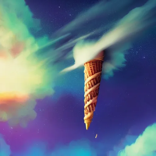 Prompt: dramatic render of a rocket powered ice cream cone flying through a space nebula of flavors, cgsociety, artstation, 4k