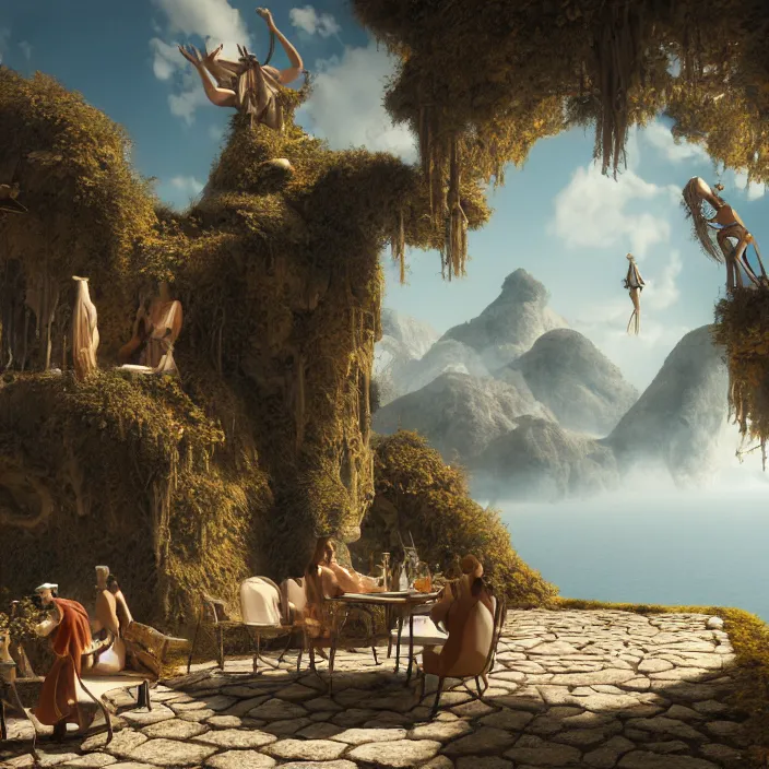 Prompt: a group of characters in a scenic environment by salvador dali, dreamy hazy, highly detailed, 3 d render, vray, octane, realistic lighting, photorealistic