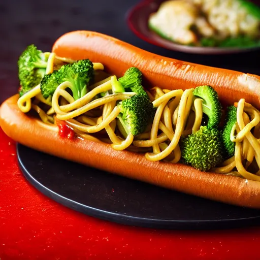 Prompt: photo shoot portrait of a delicious spaghetti hot dog with broccoli and mustard and ketchup, detailed, uhd, 8k,