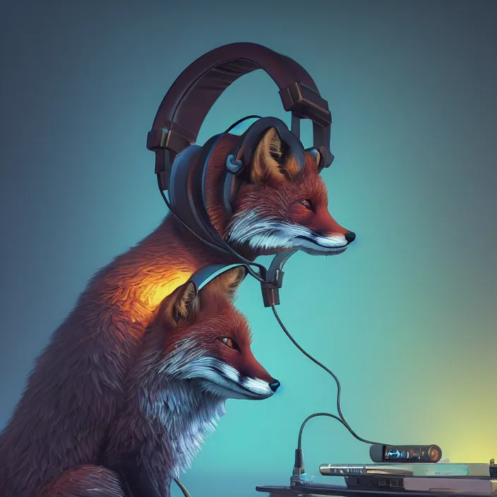 Prompt: fox with headphones, HD, 4K, intricate abstract. intricate artwork. by Tooth Wu, wlop, beeple, dan mumford, octane render, trending on artstation, greg rutkowski very coherent symmetrical artwork. cinematic, hyper realism, high detail, octane render, 8k, iridescent accents