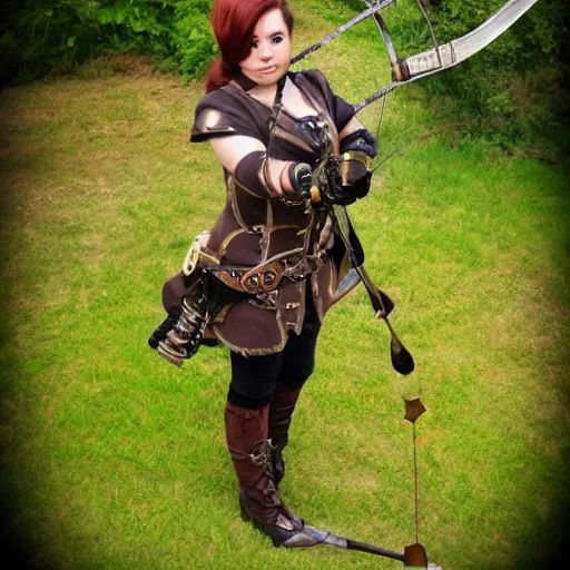 Image similar to full body photo of a steampunk female archer