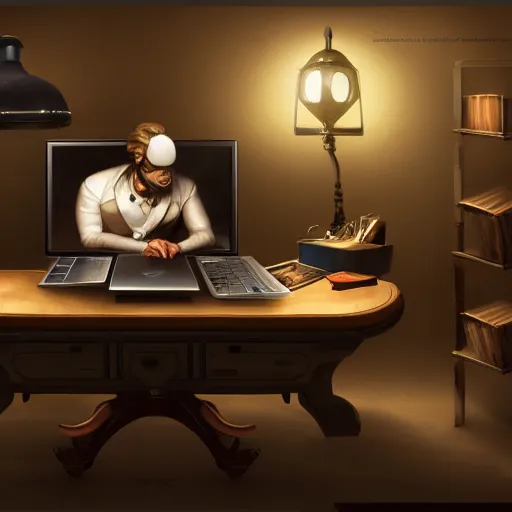 Prompt: realistic rich man using laptop in gaming room, artstation trends, future concept art, highly detailed, intricate, sharp focus, digital art, 8 k