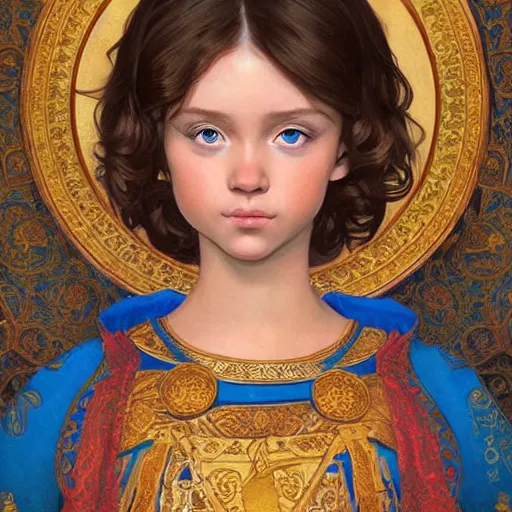 Prompt: a little girl with short wavy curly light brown hair and blue eyes, a space empress in byzantine style. beautiful highly detailed face, painting by ilya kuvshinov