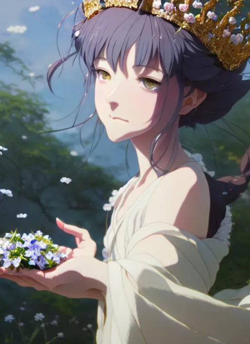 Image similar to a film still portrait of nymph girl with crown of flowers, finely detailed features, perfect art, trending on pixiv fanbox, painted by greg rutkowski makoto shinkai takashi takeuchi studio ghibli, akihiko yoshida,