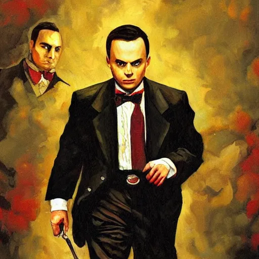 Prompt: a painting of sheldon - cooper as the mob - boss in the godfather, by arthur suydam trending on artstation, oil painting rebrandt