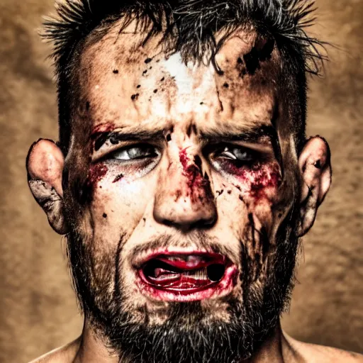 Image similar to portrait of snarling UFC fighters, bloodied and bruised, desert background,