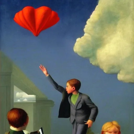 Image similar to boy-wonder proves to the science journal that he can fly by Raphael, Hopper, and Rene Magritte. detailed, romantic, enchanting, trending on artstation.