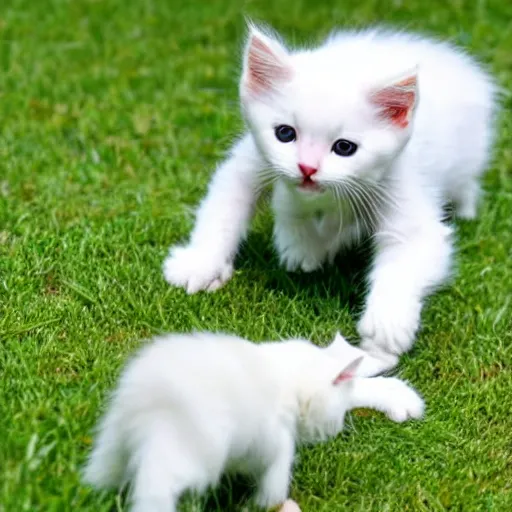 Prompt: A white kitten playing with a ball at the park