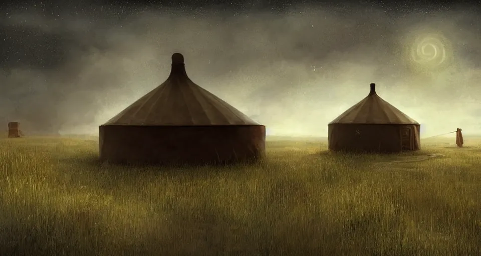 Prompt: night, stars shining, a yurt, in the steppe, summer field, misty background, in background a rusty building construction of spiral upside - down stairs!!, from the game pathologic 2, highly detailed, sharp focus, matte painting, by isaac levitan and asher brown durand,