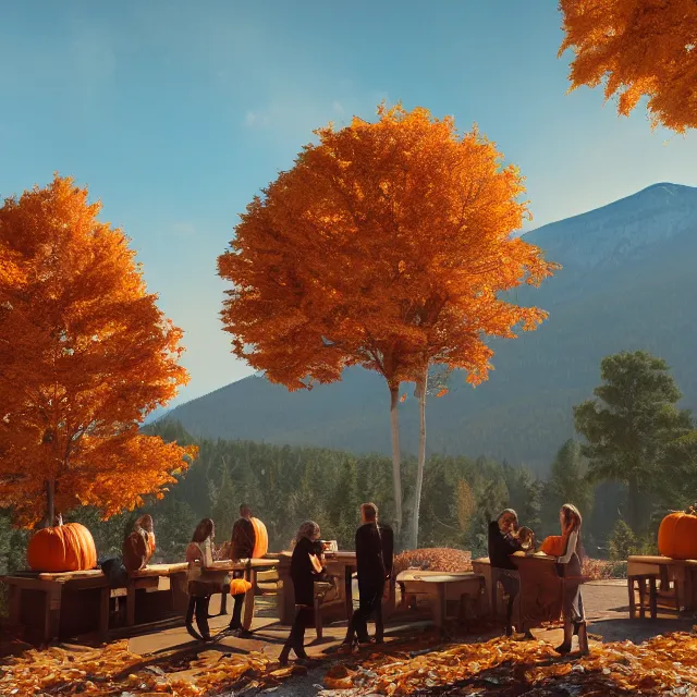 Image similar to pumpkin headed people ordering coffee at a coffee stand, maple trees with fall foliage, on a mountain in new hampshire, volumetric, realistic, cinematic lighting, ray tracing, unreal engine 5, octane render, hyper realistic, photo, 8 k