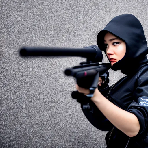 Image similar to photographic portrait of a techwear woman holding a shotgun, closeup, on the rooftop of a futuristic city at night, sigma 85mm f/1.4, 4k, depth of field, high resolution, 4k, 8k, hd, full color