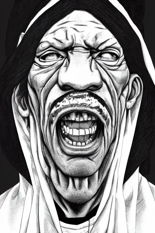 Image similar to portrait of Danny Trejo as church nun, highly detailed, artstation, manga illustration by Kentaro Miura berserk