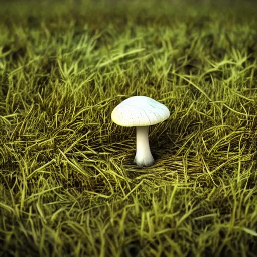 Prompt: A single mushroom growing from a field of grass, depth of field, octane render, HDR, 4K