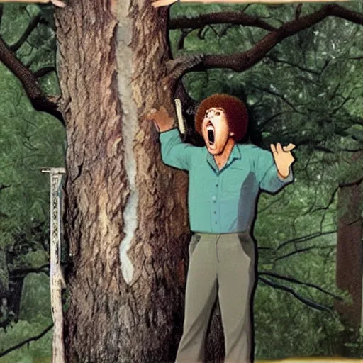 Image similar to bob ross screaming stuck in a tree