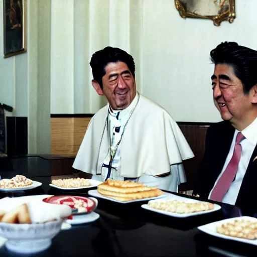 Image similar to the pope eating hambugers with prime minister shinzo abe, photo by slim aarons, award winning