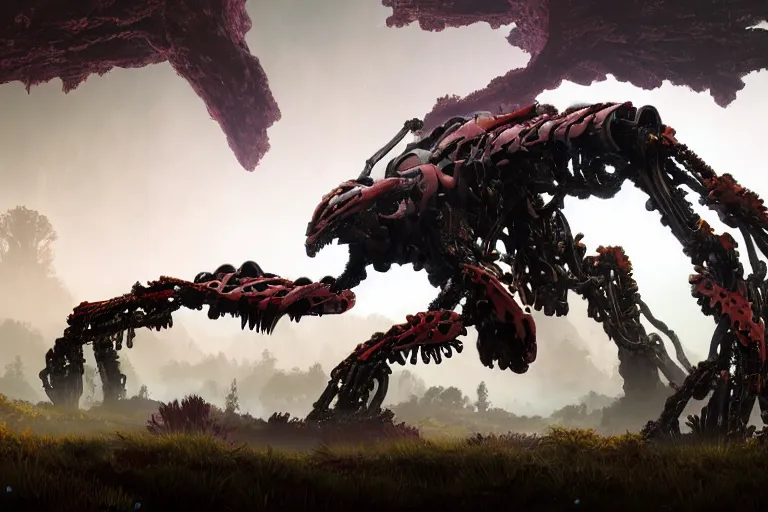 Image similar to a hyper detailed fanghorn evangelion realistic mechanical and organic creature similar look as horizon forbidden west horizon zero dawn, bioluminiscence in a dark deep forest at dawn in spring, with reflection and textures, by kilian eng, substance painter reaslitic mech surface metal painted scratches,