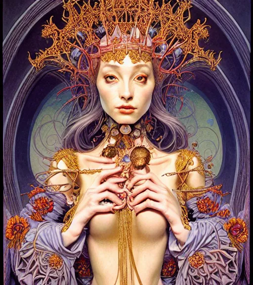 Image similar to symmetrical painting, a beautiful female queen in dress, pretty, detailed and intricate, perfect body shape, perfect face, hypermaximalist, elegant, ornate, luxury, elite, matte painting, cinematic lighting, james jean, brian froud, wayne barlowe