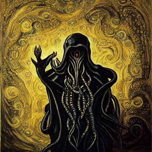 Prompt: illithid, cthulhu, white and gold, painting on black canvas, rembrandt