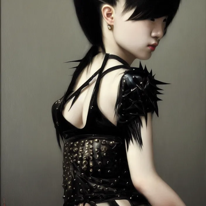 Prompt: korean goth girl, spikes, latex, intricate, oil painting, sfumato, hyperrealistic, detailed, smooth, very smooth, brushwork, sharp focus, mood lighting, concept art, by caravaggio, by vermeer, by rembrandt