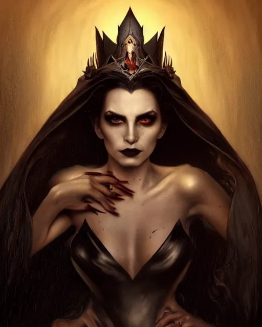 Image similar to portrait of an evil queen, dark magic, beautiful face, attractive young woman,heroic pose, full body, dramatic lighting, dark and horror, dust and blood, intricate, wild, highly detailed, digital painting, artstation, concept art, smooth, sharp focus, illustration, art by artgerm and greg rutkowski and alphonse mucha, footage from space camera