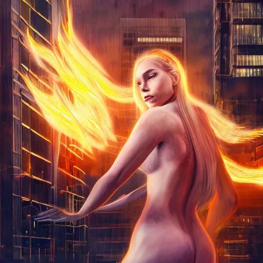 Prompt: beautiful young blonde with long hair woman from behind with flames coming out of hands flying in a cyberpunk city, very detailed, realistic, symmetrical face, art by digital painting,