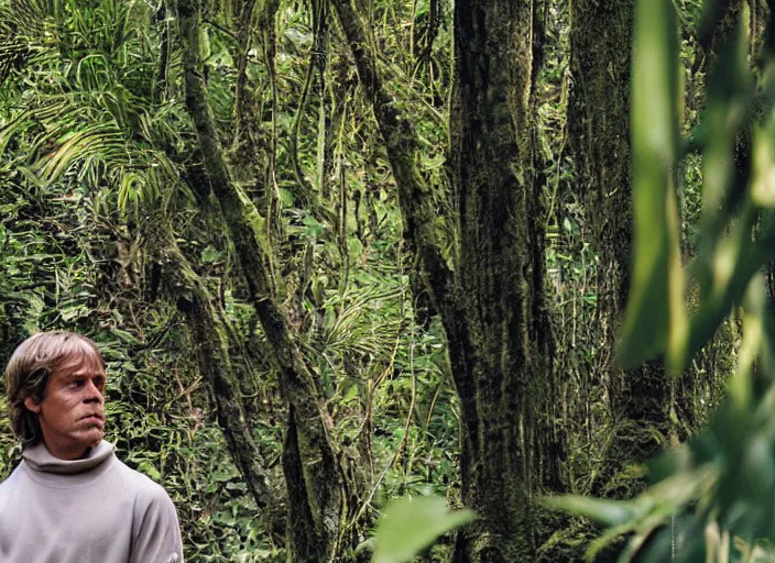 Image similar to screenshot portrait of luke skywalker at the reopening of the new jedi temple school deep within jungle. serene portrait of Mark Hammill, meditating, Photographed with Leica Summilux-M 24 mm lens, ISO 100, f/8, Kodak, Portra 400, 1988