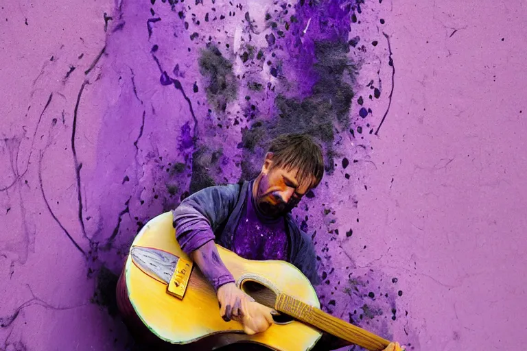 Image similar to dripping purple faded paint across the shape of a human playing guitar, realistic, extremely detailed, coming out of the mystical wall