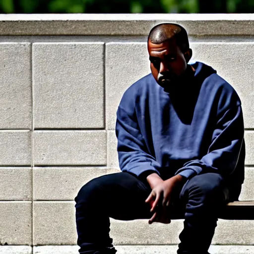 Prompt: dslr photo still of sad kanye west sitting on a park bench with a tear on his cheek, 8 k, 1 1 0 mm f 1 6