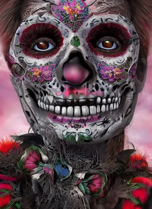 Image similar to dia de los muertos theme surrealist art in the styles of igor morski, jim warren, and giuseppe mastromatteo, winking, intricate, hyperrealistic, accurate facial details, profile picture with chromakey!!!!! background, volumetric lighting