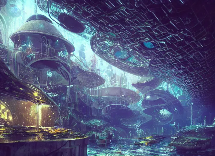 Prompt: favela spaceship cathedral, underwater environment, sorcery, scenery, professional, award - winning, trending on artstation, hyper detailed, realistic, beautiful, emotional, shiny, romantic, picture