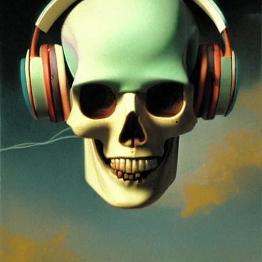 Image similar to a painting by Thomas Cole of a vaporwave robot skull wearing headphones highly detailed chromatic 3d rendering from 1996