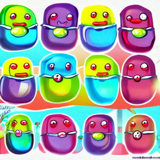 Image similar to trending on art station, cute jelly bean creatures cartoon,