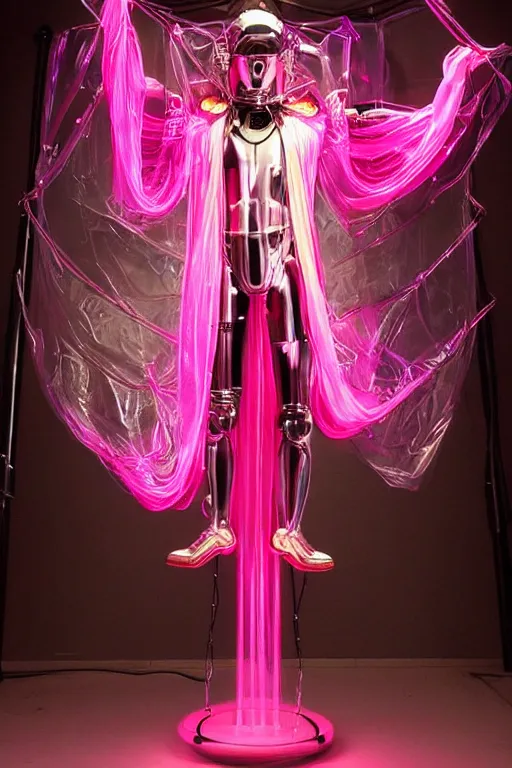 Image similar to full-body baroque and bladerunner style pink neon and chrome statue of a muscular handsome pale priest robot god humanoid wearing a see-through silk cloak sim roupa, posing like a falling model, suspended from the ceiling with wire cables, glowing peach face, street hoody of red steampunk lasers, emeralds, swirling silver silk fabric. futuristic elements. oozing glowing liquid, full-length view. space robots. human skulls. throne made of bones, intricate artwork by caravaggio. Trending on artstation, octane render, cinematic lighting from the right, hyper realism, octane render, 8k, depth of field, 3D