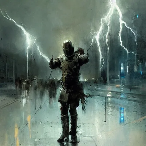 Image similar to knight holds lightning in his hand lightning all over the place bolts of lighting everywhere, realistic, ultrahd, jeremy mann painting